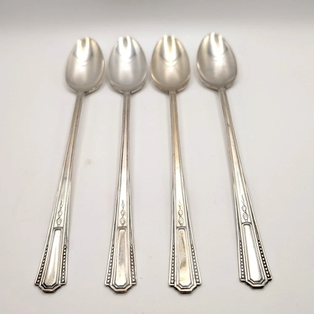 Fairfield Silverplate Iced Tea Spoons Art Deco Pattern Set of 4 7.5
